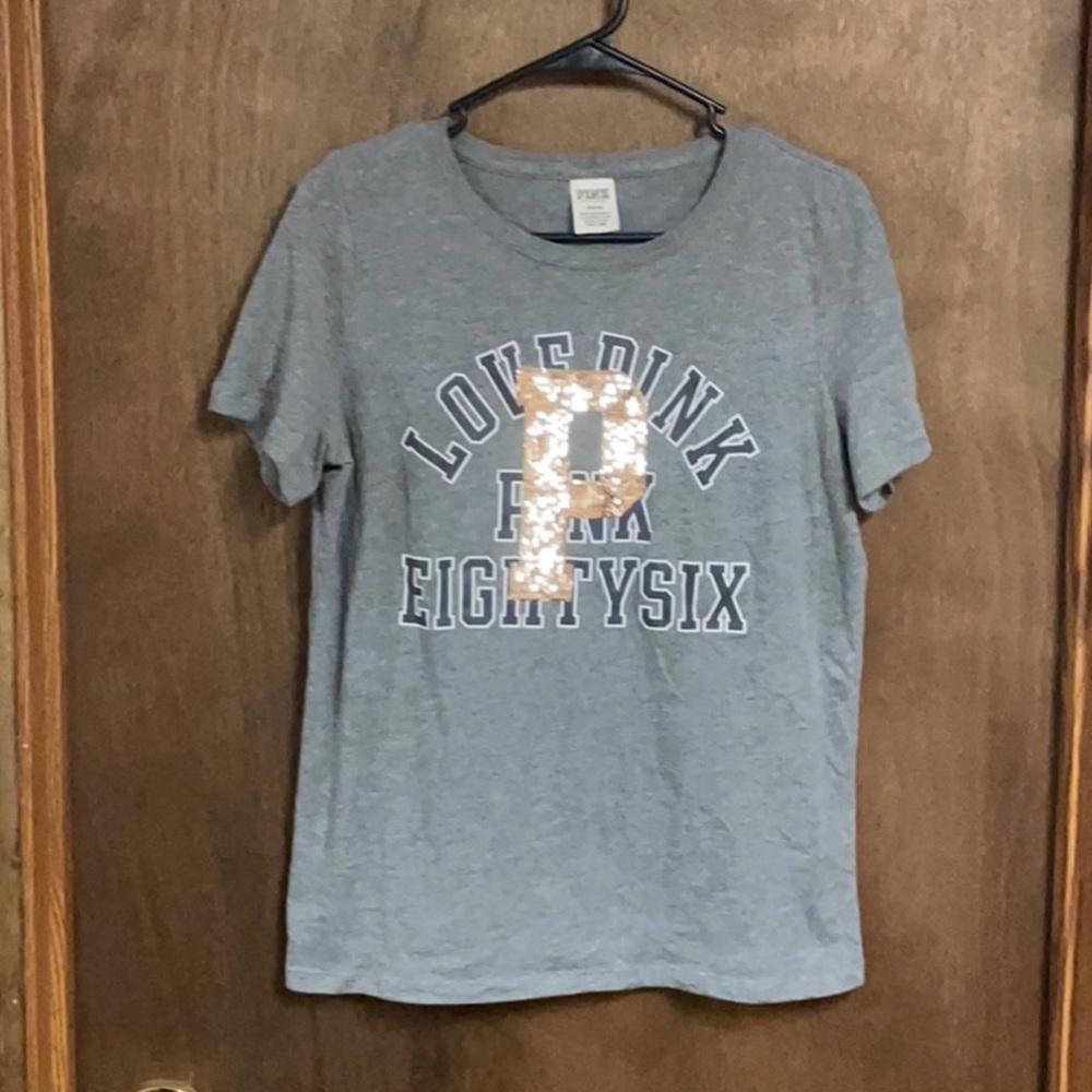 Victorias Secret Pink Bling Sequin Short Sleeve Shirt T-shirt Gray Gold Logo